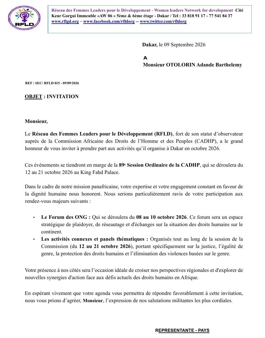 Fac-similé de la lettre d'invitation du RFLD (réf. SEC/RFLD 015 du 9 septembre 2026)